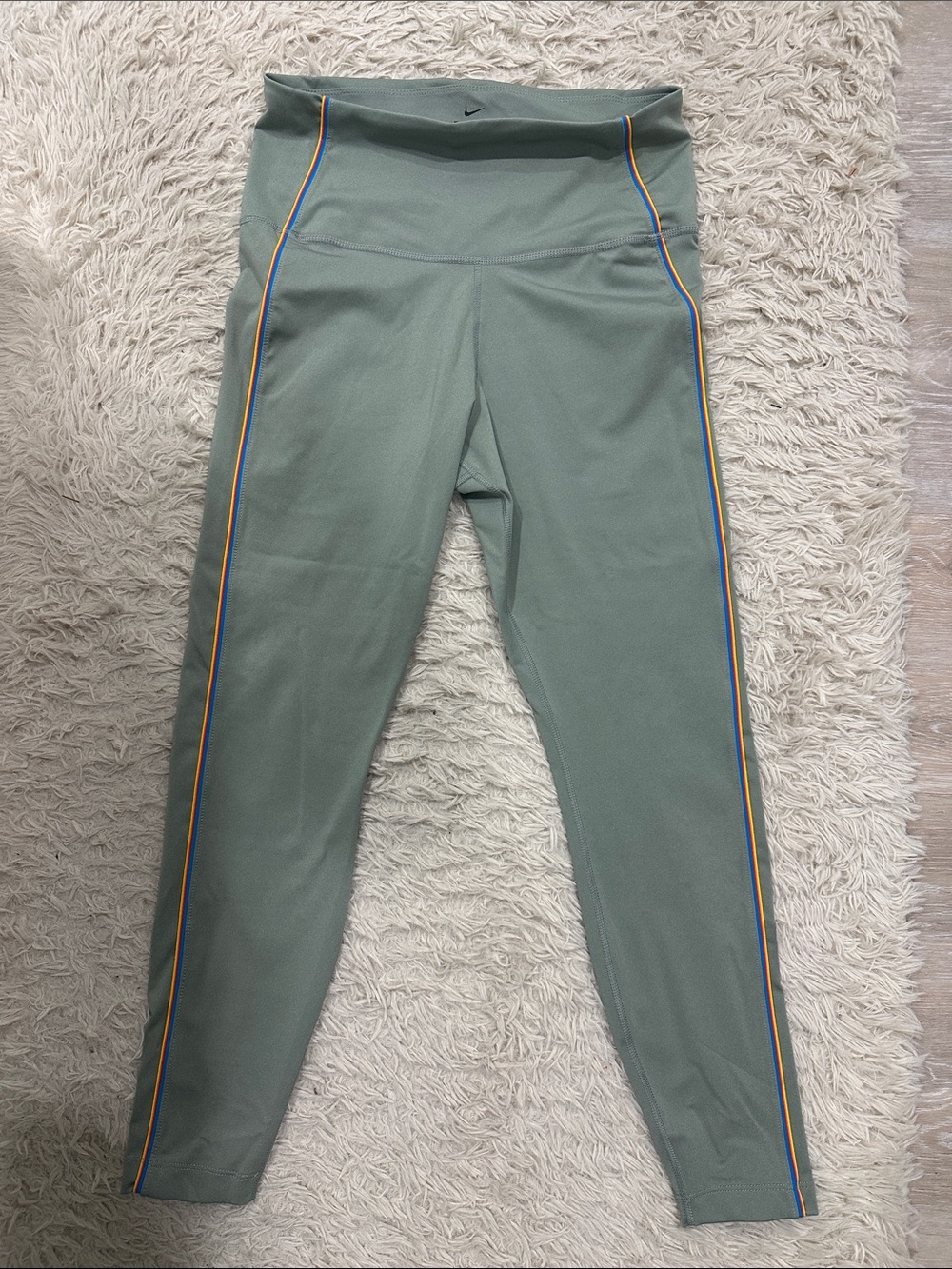 Nike Sage Green Girls' High-Waist Leggings with Rainbow Side Stripes